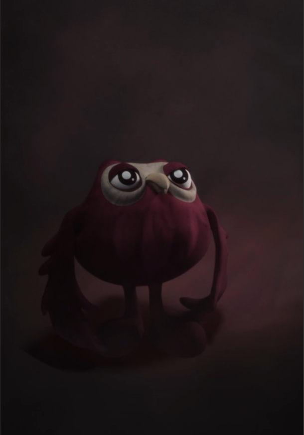projet Mascotte 3D Owlshake sur une piste de danse, rendu sur fond sombre
